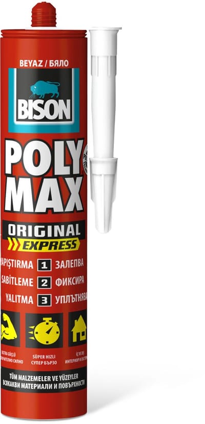 BISON Poly Max Express Wit 425 g - Sneldrogende Montagekit en Afdichtingskit - MS Polymeer Lijmkit - Waterproof - UV-Bestendig - Binnen en Buiten - Cartridge [B14260]