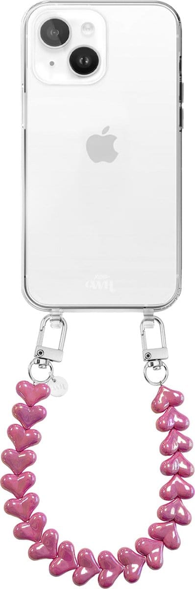 xoxo Wildhearts siliconen hoesje geschikt voor iPhone 15 Plus hoesje - Funky Hearts - Telefoonhoesje - Hoesje met koord - Metallic Roze (Donkerroze) koord - kort telefoonkoord - Hartjes ketting - Transparant hoesje