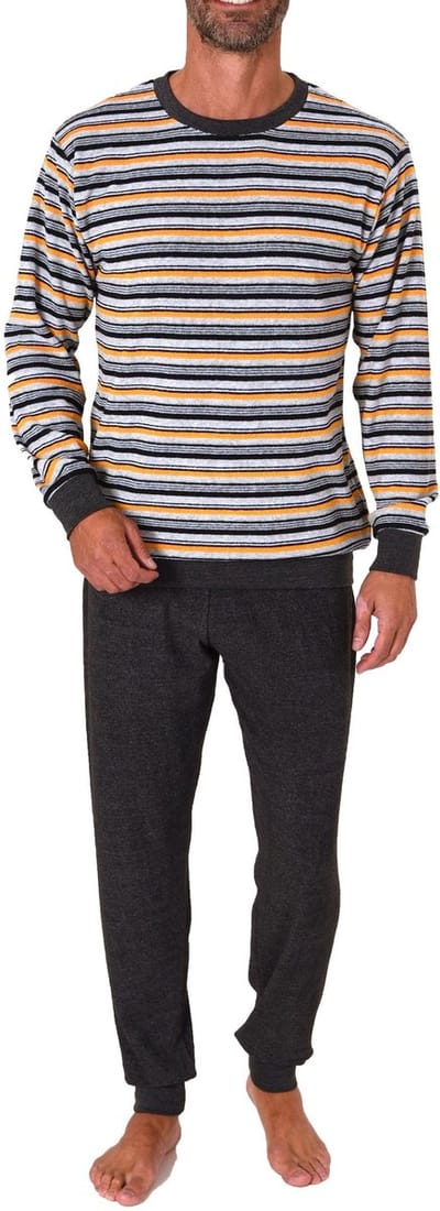 Badstof heren pyjama - Stripes - Warme winter pyjama - 48 - Oranje