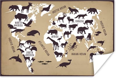 Poster 30x20 cm - Wereldkaart - Dieren - Bruin - Posters - Kamer decoratie - Wanddecoratie woonkamer - Muurdecoratie slaapkamer