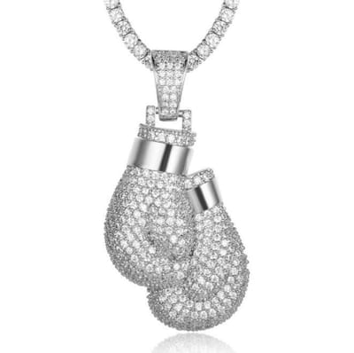 Boks Handschoen Ketting met Hanger Zilver Kleurig met Diamantjes (Zirkonia) - Kettingen Heren Dames - Papa Cadeau Voor Mannen - Vaderdag