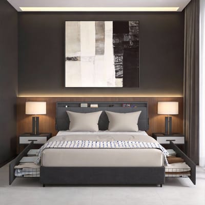 Gestoffen Bed - Van Linnenstof - 140x200cm - Bedframe - Met Rolbare Lades - Gepolsterd Hoofdeinde - Metalen Frame - Ladebed - Met Opbergruimte Onder Het Bed - Donkergrijs - NAIZY