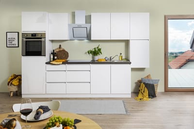 Goedkope keuken 320  cm - complete keuken met apparatuur Lorena  - Wit/Wit mat - soft close - keramische kookplaat    - afzuigkap - oven    - spoelbak