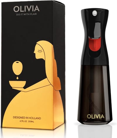 Dailygoods- Oliesproeier 200 ml - Glazen Kookspraydispenser - Continue Portieregeling - Voor Keuken/Salade/Barbecue - Zwarte Fles met Gouden Print - Kookspray