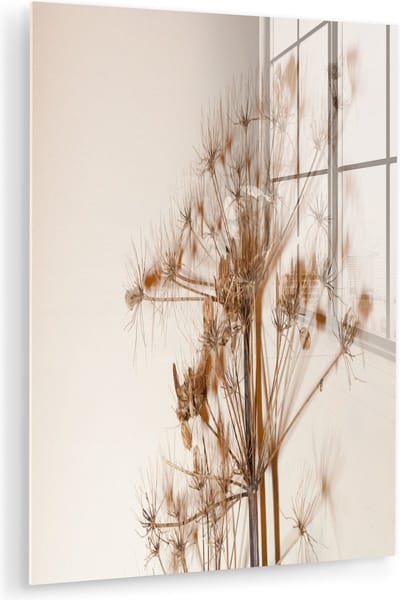 Glasschilderij bloemen - Droogbloemen - Planten - Stilleven - Bruin - Glas decoratie - Glasplaat - Wanddecoratie glas - 120x160 cm - Woonkamer decoratie - Foto op glas - Schilderij glas - Glasschilderijen
