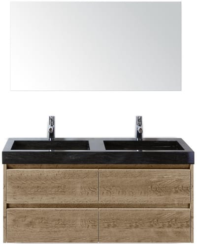 Dante Badmeubelset 120 cm - Natuur Eiken - Wastafel Hardsteen Wit Lucca Dubbel met Spiegel