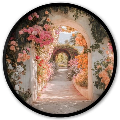 Poster in lijst Rond - Fotolijst 40x40 cm - Posters - Doorkijk - Boog - Bloemen - Pastel - Ronde posterlijst zwart - Decoratie - Wanddecoratie woonkamer - Muurdecoratie slaapkamer