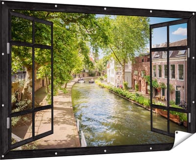Gards Tuinposter Doorkijk Oudegracht in Utrecht - 180x120 cm - Tuindoek - Tuindecoratie - Wanddecoratie buiten - Tuinschilderij