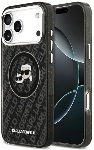 Karl Lagerfeld telefoonhoesje voor iPhone 17 Pro Max - IML Glitter - Karl & Choupette Heads Logo - Magsafe - Zwart
