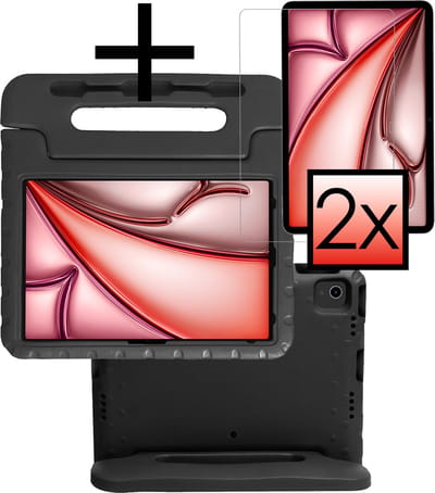 Hoes - Geschikt voor Apple iPad Air (2024/2025/2026) - 13 inch - Met 2x Screenprotector - Kinderhoes Shockproof Bumper - Kidsproof Case - Tablet Hoesje - Kinder Cover - Zwart
