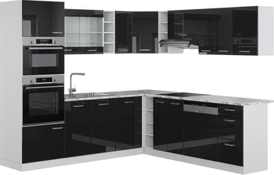 Vicco Hoekkeuken R-Line, Zwart hoogglans/Wit, 247 x 237 cm, WB Marmer