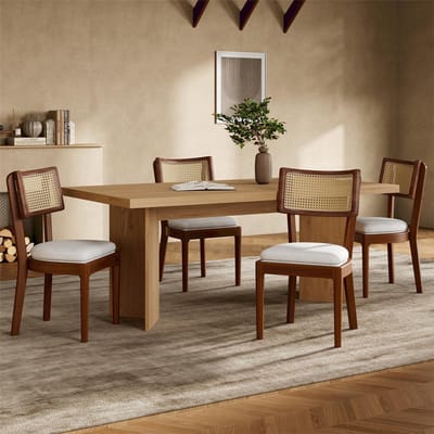YEHTOKHOME Set van 4 Eetkamerstoelen - Gestoffeerde Keukenstoelen met massief hout poten - Rotan rugleuningen - Fluweel zitting - Ergonomische eettafelstoelen - Moderne stijl - Walnootkleur
