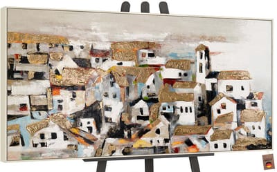 Canvas schilderij groot handgeschilderd huisje zonlicht natuur nostalgisch – YS-Art Gallery – Warme wanddecoratie voor woonkamer – Modern schilderij voor slaapkamer en hal