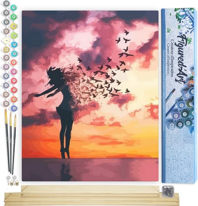 Figured'Art Schilderen op Nummer Volwassenen canvas Vrouwen en vogels bij zonsopgang - Handwerk acrylverf Kit DIY Compleet - 40x50cm met DIY houten lijst