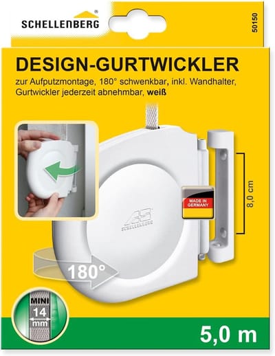 Schellenberg 50150 Opbouwrolluikoproller inclusief 14 mm x 5 m rolluikband, minisysteem, 180° draaibaar, 8 cm gatenafstand, opbouwrolluik kan worden geopend, wit