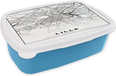 Broodtrommel Blauw - Lunchbox - Brooddoos - Plattegrond - Lille - Kaart - Frankrijk - Stadskaart - Zwart wit - 18x12x6 cm - Kinderen - Jongen