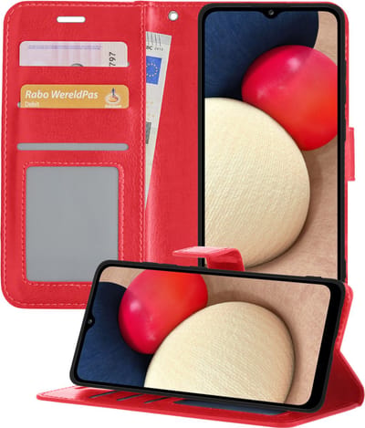 Hoesje - Met Pasjeshouder - Geschikt voor Samsung Galaxy A02s - Luxe Bookcase Portemonee - Flip Case - Kunstleer Book Case - Flipcase - Book Cover - Walletcase - Portemonneehoes - Telefoonhoesjes - Rood