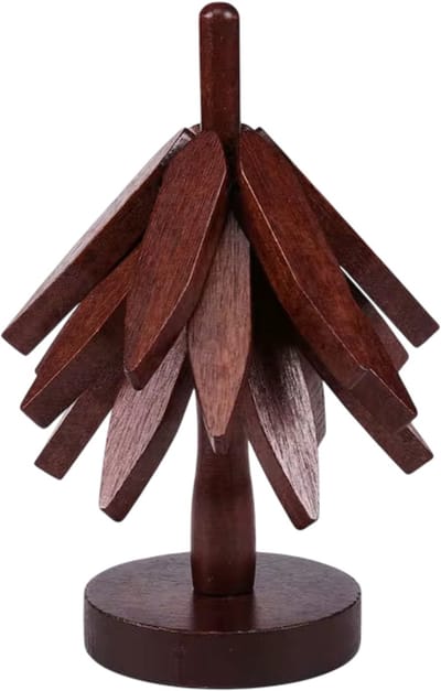 Boomvorm Houten Onderzetter Set – 3 Onderzetters + 1 Houder – Opvouwbare Pannenonderzetter voor Hete Gerechten, Schalen en Theepot – Keukenaccessoires - Donkerbruin