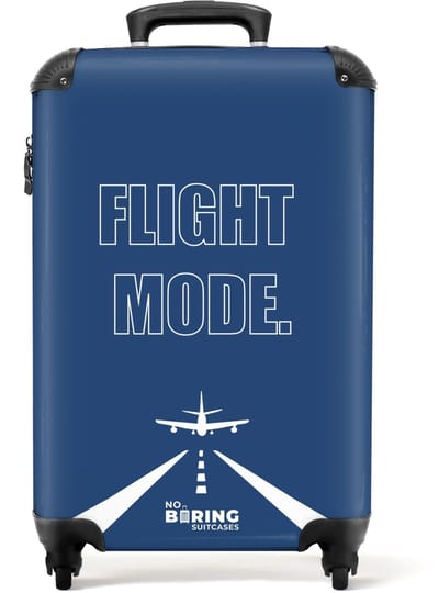 NoBoringSuitcases.com® - Handbagage koffer lichtgewicht - Reiskoffer trolley - Blauw met vliegtuig en tekst Flight Mode - Reis rolkoffer met wieltjes - Cabin koffertje klein - Carryon valies - Harde bagagekoffer - Past binnen 55x40x20 en 55x35x25