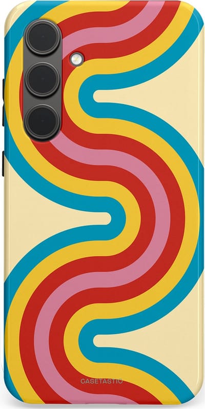 Casetastic hoesje geschikt voor Samsung Galaxy S24 Plus - Dubbellaagse bescherming - Retro kronkels - Fashion Case - Crème Lichtblauw Goud Rood