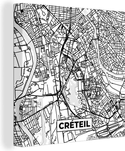 Canvas Schilderij Stadskaart - Frankrijk - Créteil - Kaart - Plattegrond - Zwart wit - 20x20 cm - Wanddecoratie