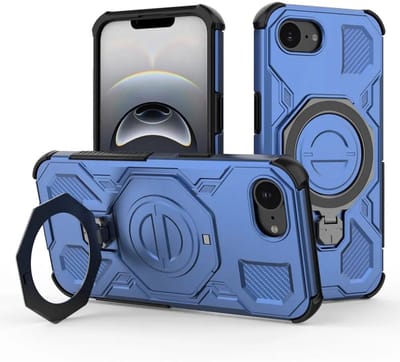 Hoesje geschikt voor Apple iPhone 17e / 16e | Compatibel met MagSafe / Qi2 | 360° Draaibare Magnetische Standaard | Back Cover Kickstand Ring | Blauw