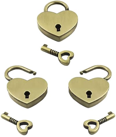 Cosensi- Hangslot Mini - 3 Stuks - Hartvorm - Sleutel - Antiek - Legering - 30 x 39 mm - Hartslot