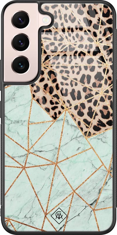 Casimoda® hoesje - Geschikt voor Samsung Galaxy S22 - Luipaard Marmer Mint - Luxe Hard Case Zwart - Backcover telefoonhoesje - Bruin