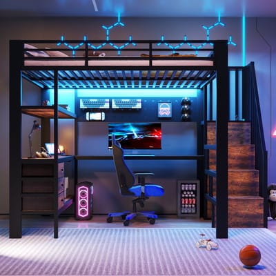 VVBV Ruimtebesparende Hoogslaper 140x200 cm met LED-Verlichting, Bureau - Planken, Lades - Metaal Zwart - Zonder Matras