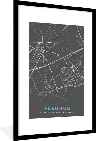 Fotolijst incl. Poster - Plattegrond – Fleurus – Blauw – Stadskaart - Kaart - België - 60x90 cm - Posterlijst