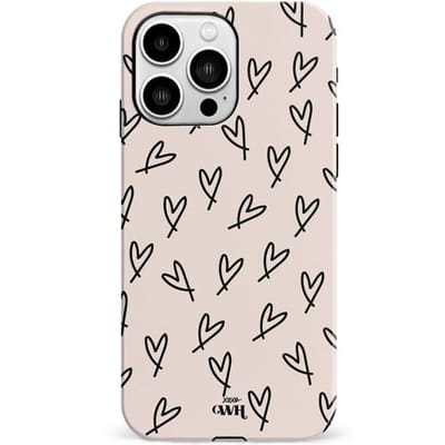 xoxo Wildhearts All Yours - Double Layer - Hoesje geschikt voor iPhone 14 Pro case - Siliconen hoesje met hartjesprint - Hartjes - Hardcover - Beschermhoes - Optimale bescherming - Beige - Zwart