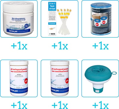 Zwembad Onderhoudspakket - Onderhoud Zwembad - bevat Chloor - Testrips - Filters - PH-min - PH-plus en Chloordrijver (6-delig)