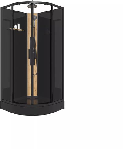 Vente-unique Kwartcirkelvormige douchecabine met massagestralen en paneel in bamboe - Zwart - L90 x B90 x H225 cm - TILOMA L 90 cm x H 200 cm x D 90 cm