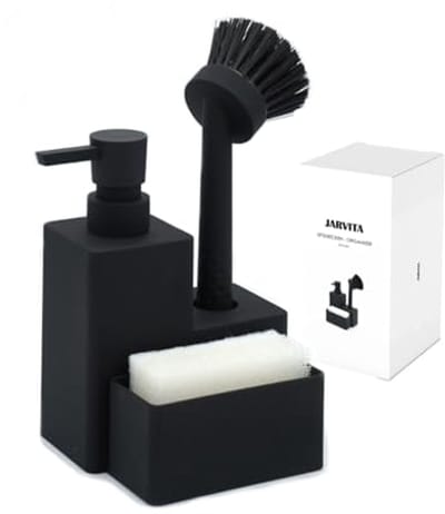 Zwarte spoelbak-organizer met dispenser, borstel en spons