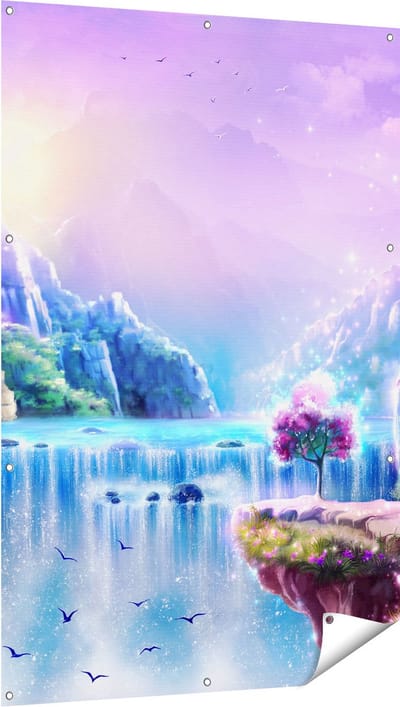 Gards Tuinposter Kleurrijke Sprookjes Waterval - Abstract - 100x150 cm - Tuindoek - Tuindecoratie - Wanddecoratie buiten - Tuinschilderij