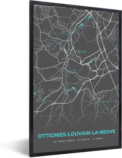 Fotolijst incl. Poster - België – Ottignies Louvain la Neuve – Stadskaart – Kaart – Blauw – Plattegrond - 40x60 cm - Posterlijst