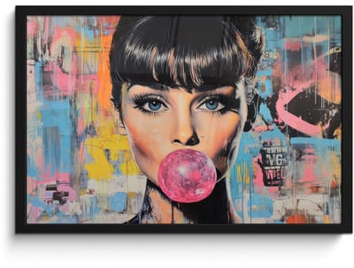 Poster in lijst - Fotolijst 60x40 cm - Posters - Kauwgom - Vrouw - Penseelstreken - Modern - Posterlijst zwart - Decoratie - Wanddecoratie woonkamer - Muurdecoratie slaapkamer