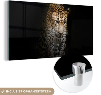 MuchoWow® Glasschilderij 40x20 cm - Schilderij acrylglas - Luipaard - Reflectie - Zwart - Foto op glas - Schilderijen
