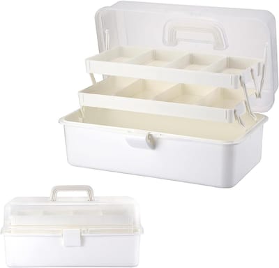 Multifunctionele 3-laags opbergdoos, BPA-vrij, voor naaibenodigdheden, medicijnen en cosmetica, draagbare organizer met deksel voor hobby en gereedschap, wit