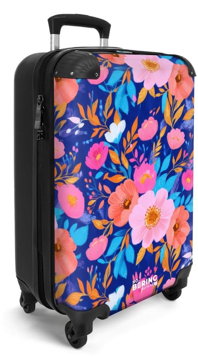 NoBoringSuitcases.com® - Handbagage koffer lichtgewicht - Reiskoffer trolley - Blauw met roze bloemen - Rolkoffer met wieltjes - Travel suitcase cabin - Reistrolley met TSA slot - Past binnen 55x40x20 en 55x35x25 - Kleine valiezen