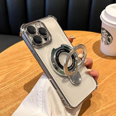 Luxe Vergulde Magsafe Draadloos Oplaadhoes Voor iPhone 11 12 13 14 15 16 Pro Max Plus Transparant Acryl Magnetische Standaard Houder Cover For iPhone 15