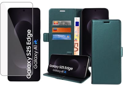 Book Case & Screenprotector geschikt voor Samsung Galaxy S25 Edge Hoesje Screenprotector - Gehard Glas Cover + Magnetische Sluiting - Portemonnee Turqoise
