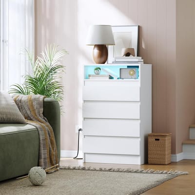 Ladekast met LED Verlichting en Stopcontact - Moderne Witte Commode met 4 Laden en USB-poorten - Slaapkamer Kast met Goudkleurige Handgrepen - 58 x 38 x 96 cm