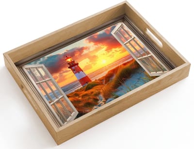 Dienblad hout 40x30 cm - Schootdienblad - Doorkijk - Raam - Vuurtoren - Zonsondergang - Strand - Borrelplank rechthoek - Plateau dienbladen