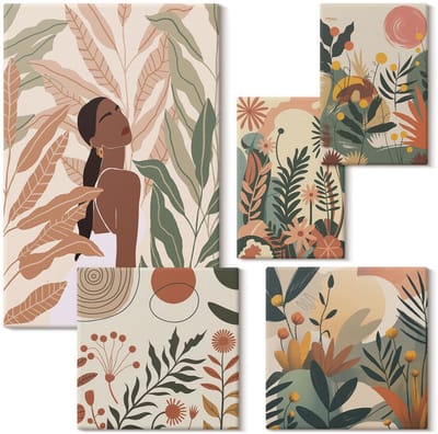 Wallfluent Set van canvas schilderijen - Boho-stijl met figuren en plantenmotieven Canvas Schilderijen Set - Set van 5 Canvas Schilderijen - Bruin Set van Canvas Prints - Natuur Canvas Kunst Set - Boheemse Canvas Kunst Set