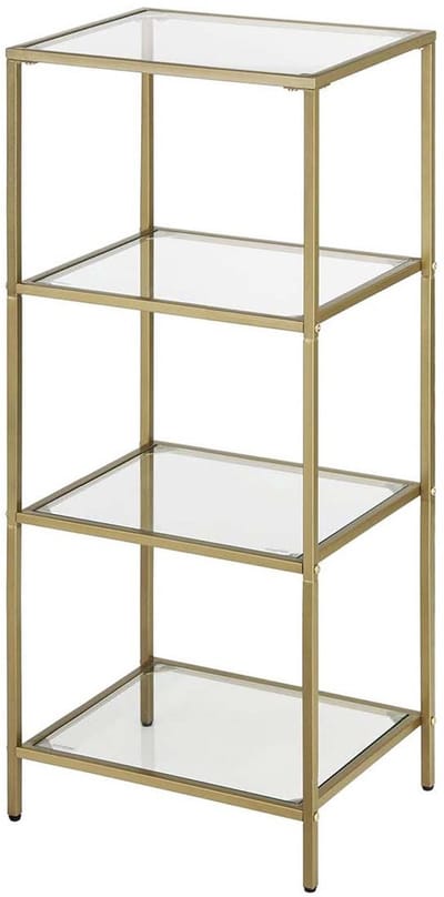 Vierlaags badkamer opbergrek, boekenrek, bijzettafel, stevig metalen frame met gehard glas, verstelbare voetjes, makkelijk te monteren en schoon te maken, geschikt voor slaapkamer, kantoor, woonkamer 40x30x95 cm goud.
