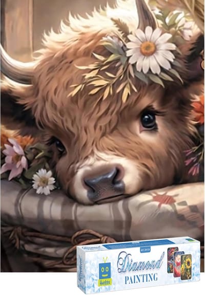 Huntex Diamond Painting Volwassenen - Diamond Painting Kinderen - Diamond Painting Pakket Volledig - Kalfje Met Bloemen - 30x40 cm