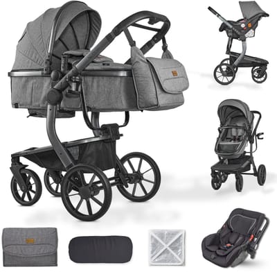 BRONEA® UNICO Design kinderwagen 3-in-1 set - Eénhand-inklap-mechanisme | incl. autostoeltje en matras voor de reiswieg | Ook als buggy te gebruiken | Eénhand-Inklapbaar met luiertas, regenhoes, muggennet en zonnekap - Grey/Grey