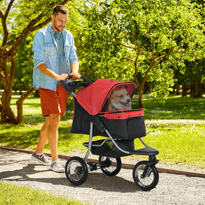 HAUSS SPOLE Buggie Voor Dieren – 109,5 x 54,5 x 106,5 cm – Opvouwbaar Met 3 Wielen – Oxford Stof En Staal – Rood Zwart – Voor Kleine Honden