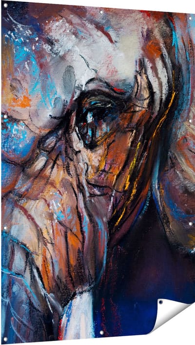 Gards Tuinposter Getekende Olifant van Dichtbij - Abstract - 100x150 cm - Tuindoek - Tuindecoratie - Wanddecoratie buiten - Tuinschilderij